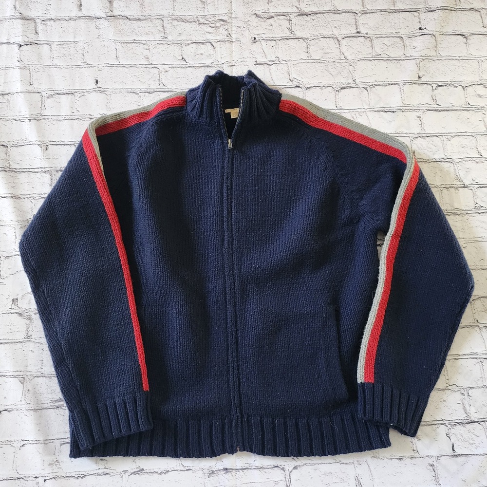 Vintage American Eagle Lambswool Full Zip Sweater Mens Large Navy Red Stripe L